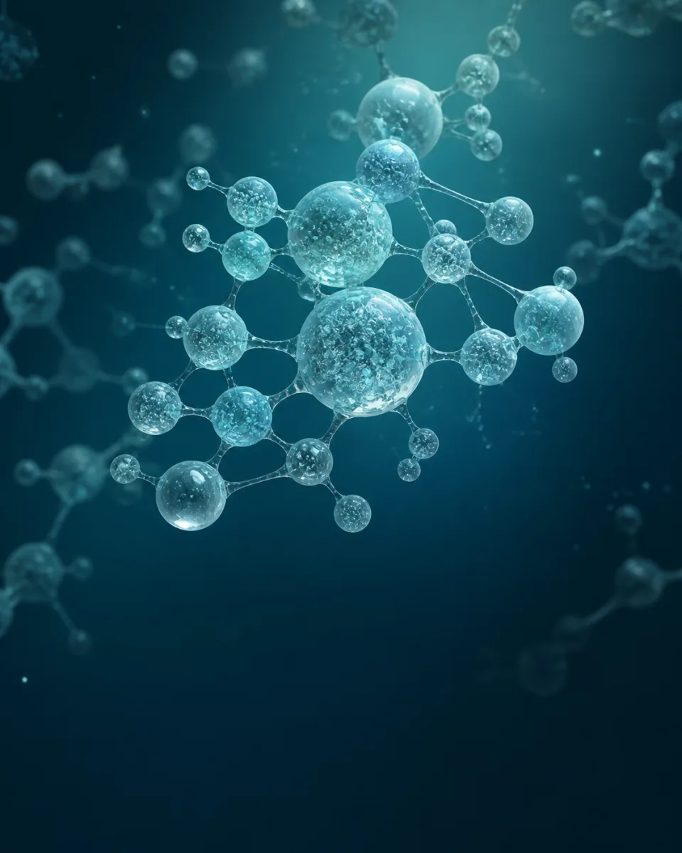 Abstract translucent molecular formulation in a deep teal scientific environment